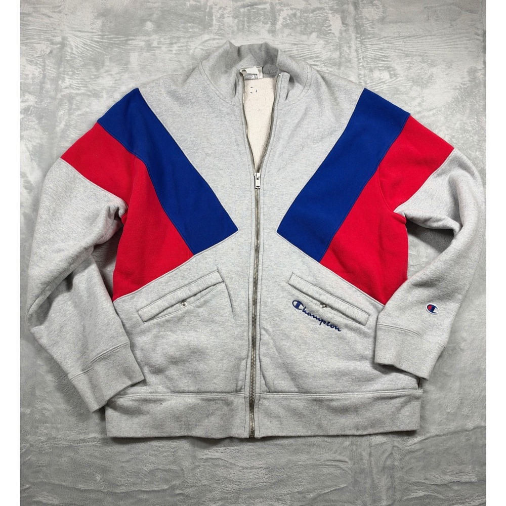 Champion Reverse Weave Men's L Full Zip Jacket Gray Red Blue Colorblock Y2K